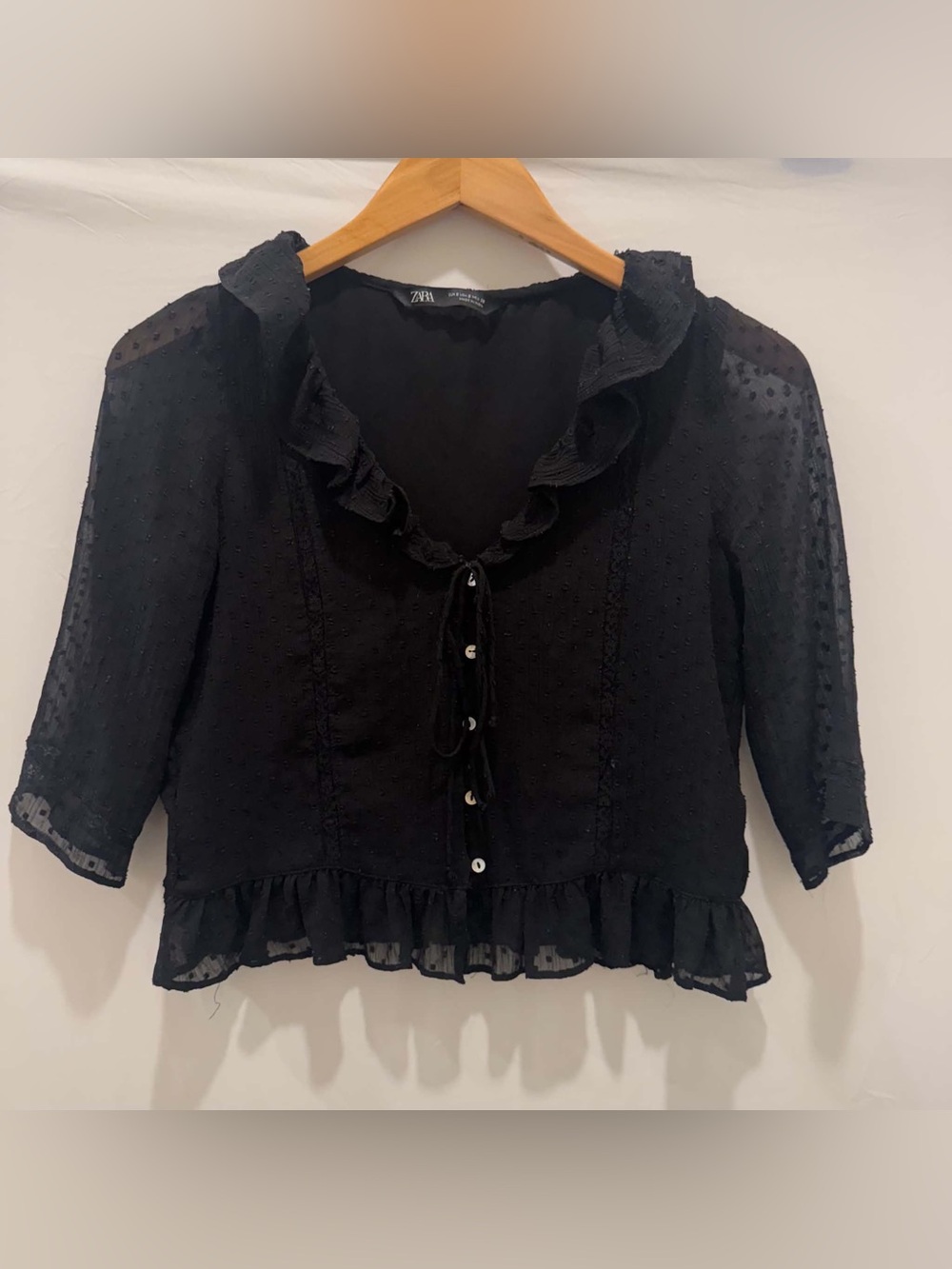 Zara Black Ruffled Dot-Textured Button Front Blouse Women